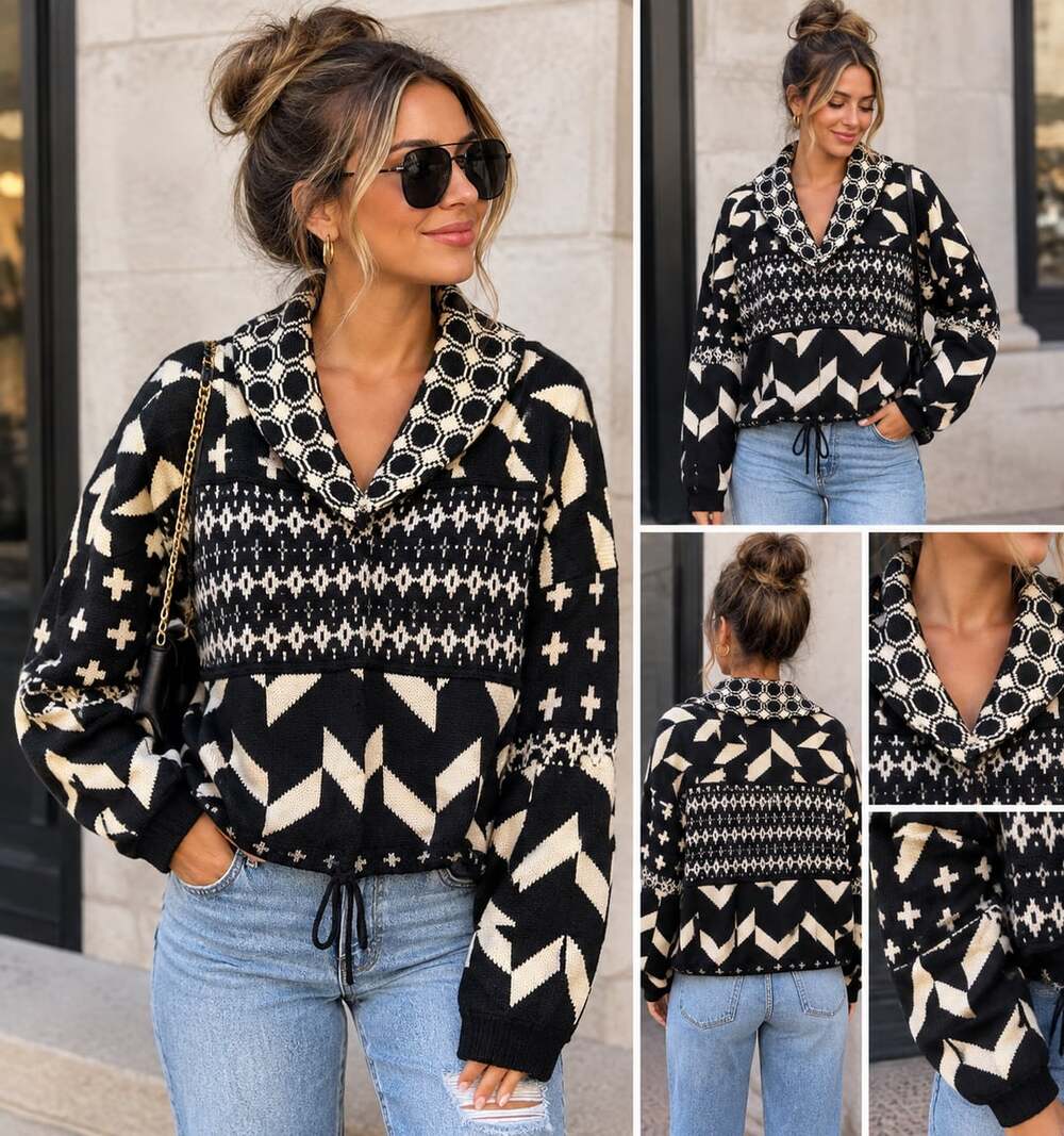 Easel Los Angeles Sweater Size M Black Cream Aztec Knit